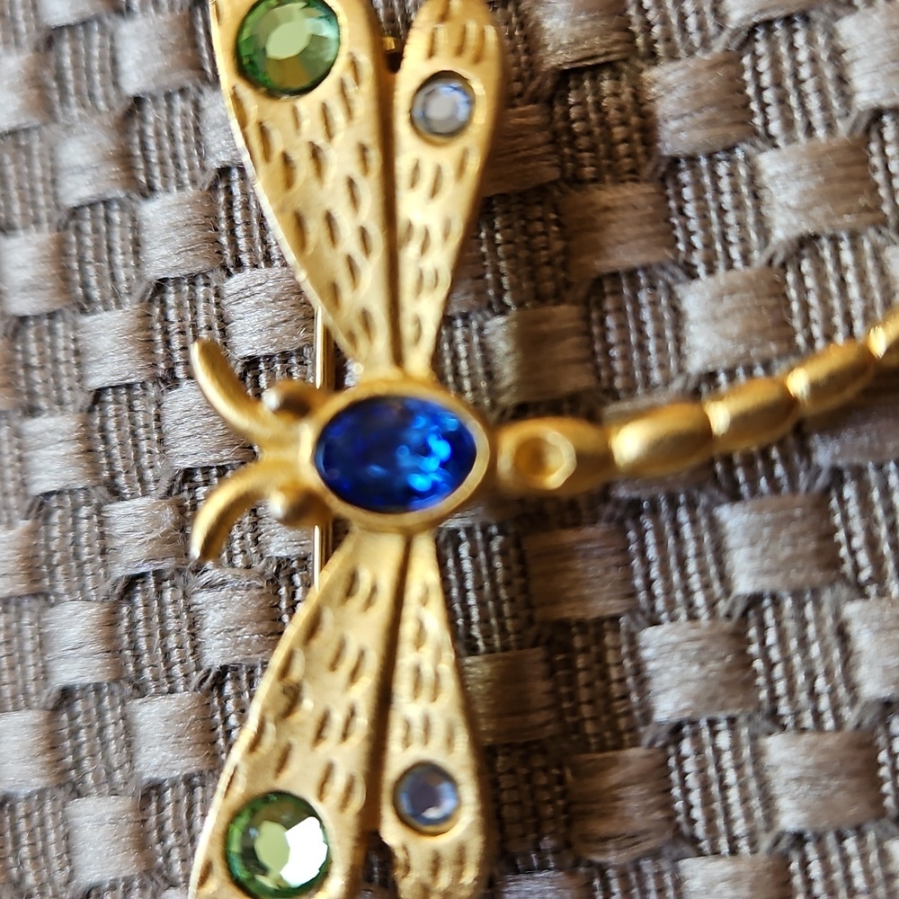 Dragonfly Pin Brooche Gold w/ Blue Green Purple Rhinestones Vintage - Picture 3 of 4